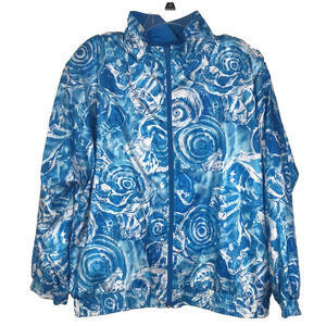Vintage Sunterra Windbreaker Seashell Print White Blue Pockets Shoulder Pads XL